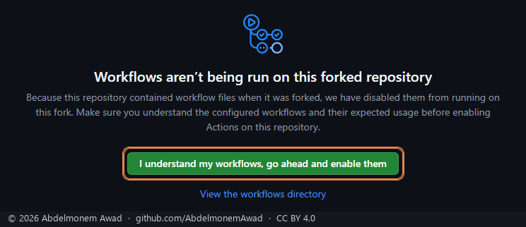The Actions tab of a new fork: workflows are not run until enabled, the button that enables them framed