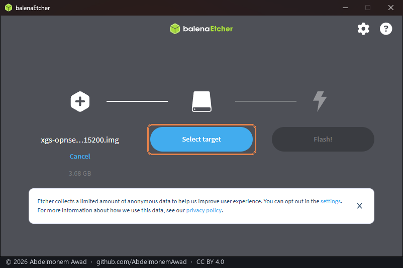balenaEtcher with the image chosen, 3.68 GB, and Select target framed
