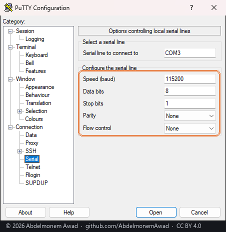 PuTTY, Connection, Serial: COM3, 115200, 8 data bits, 1 stop bit, parity None, flow control None, framed