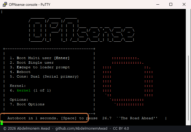 The boot menu, counting down: Autoboot in 1 seconds, framed