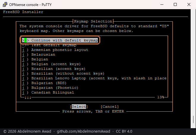 Keymap Selection: Continue with default keymap framed