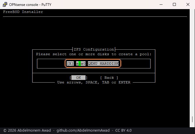 ZFS Configuration, the disks: ada0 ticked, framed