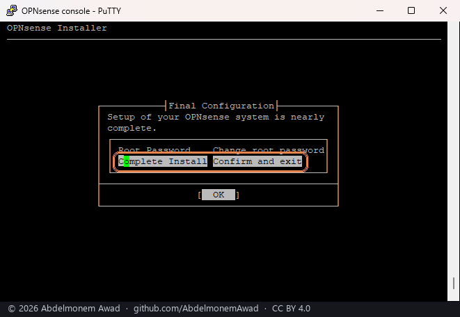 Final Configuration: Root Password and Complete Install, Complete Install framed