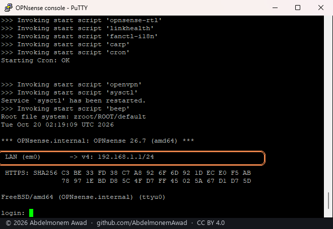 The first boot from the disk: the plugins' start scripts, LAN 192.168.1.1, and the sign-in, framed
