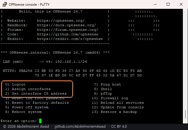 The console menu: 1 Assign interfaces and 2 Set interface IP address framed