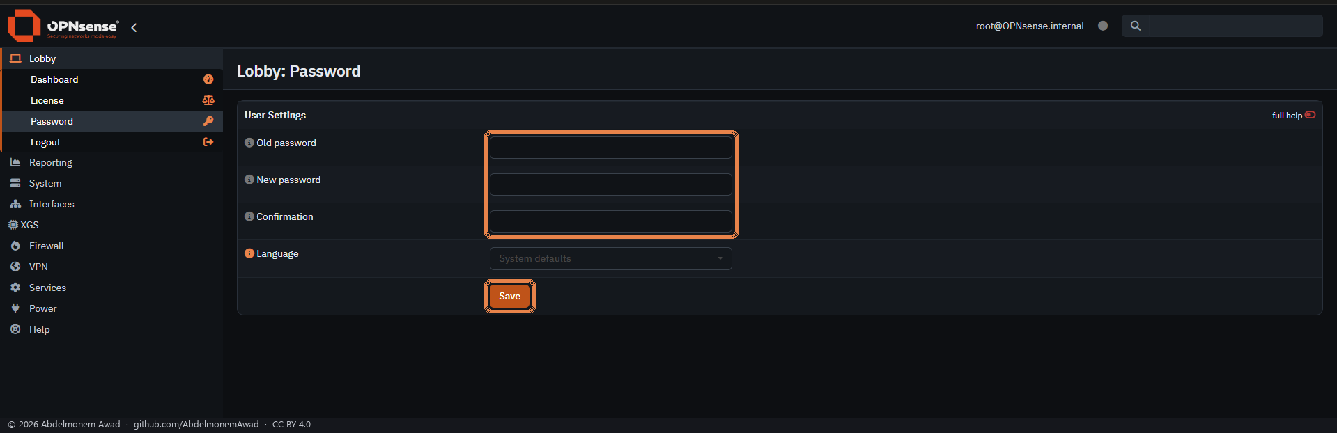Lobby, Password: the three password fields and Save framed