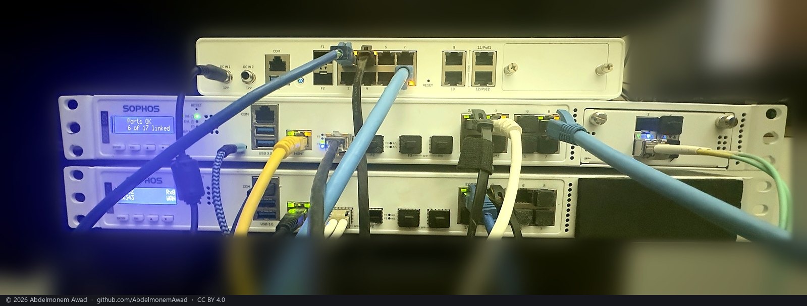 Three Sophos XGS appliances on the bench: an XGS 136 on top and two XGS 3300s below, cabled port to port