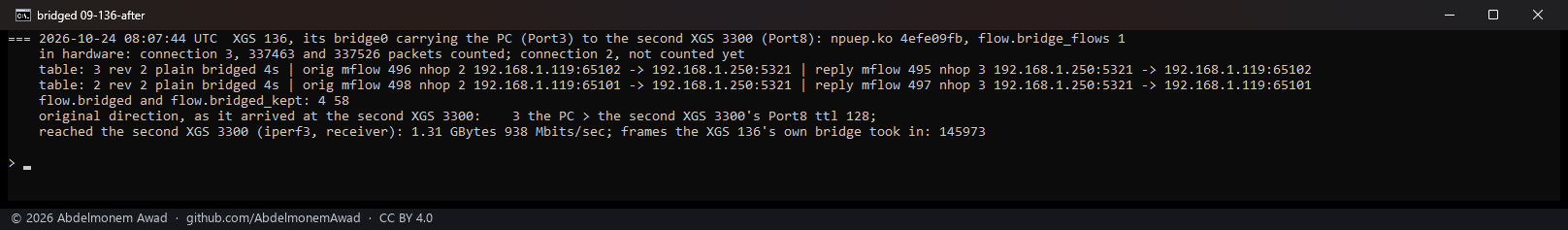 After: both of iperf3's connections made bridged, the frames from the PC's own MAC with its TTL, the host's bridge taking a fraction of them