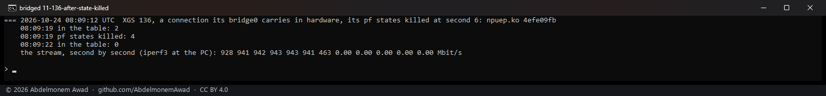 The XGS 136: two connections in the table, their four states killed at second 6, none three seconds later, the stream at 0