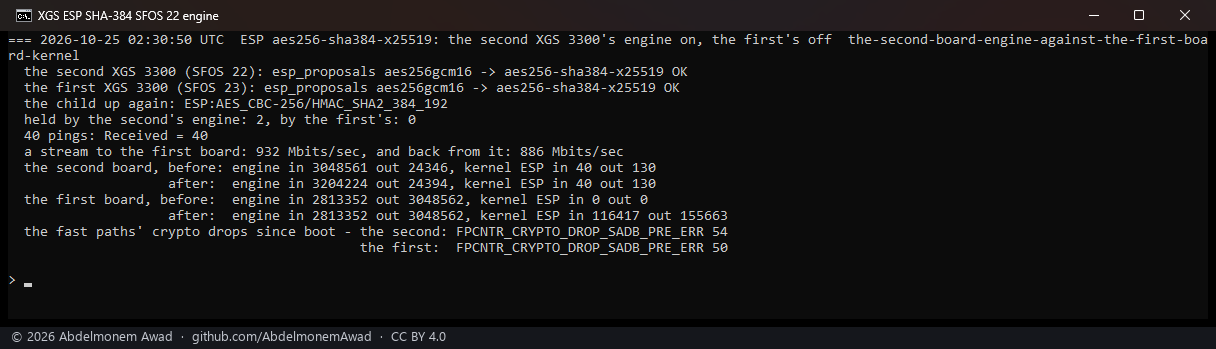 The second XGS 3300, SFOS 22, its engine against the first board's kernel with AES-256-CBC and HMAC-SHA-384: 40 pings answered, 932 Mbit/s one way and 886 the other