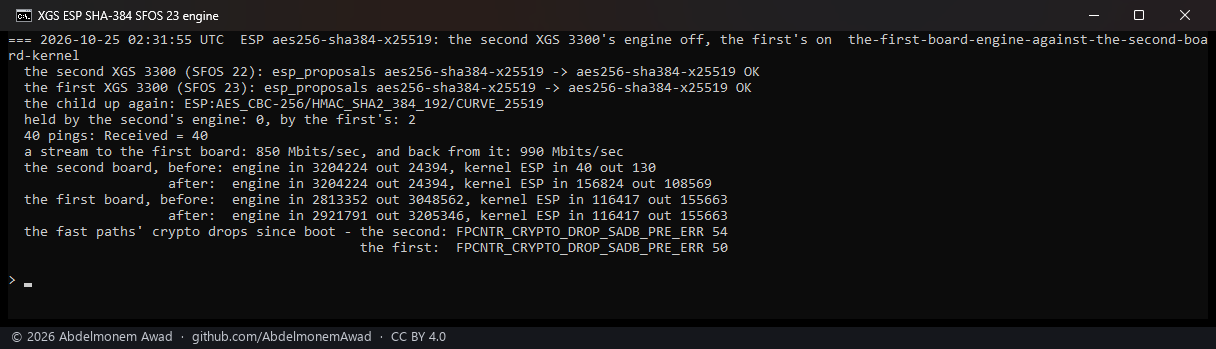 The first XGS 3300, SFOS 23, its engine against the second board's kernel: 40 pings answered, 850 and 990 Mbit/s