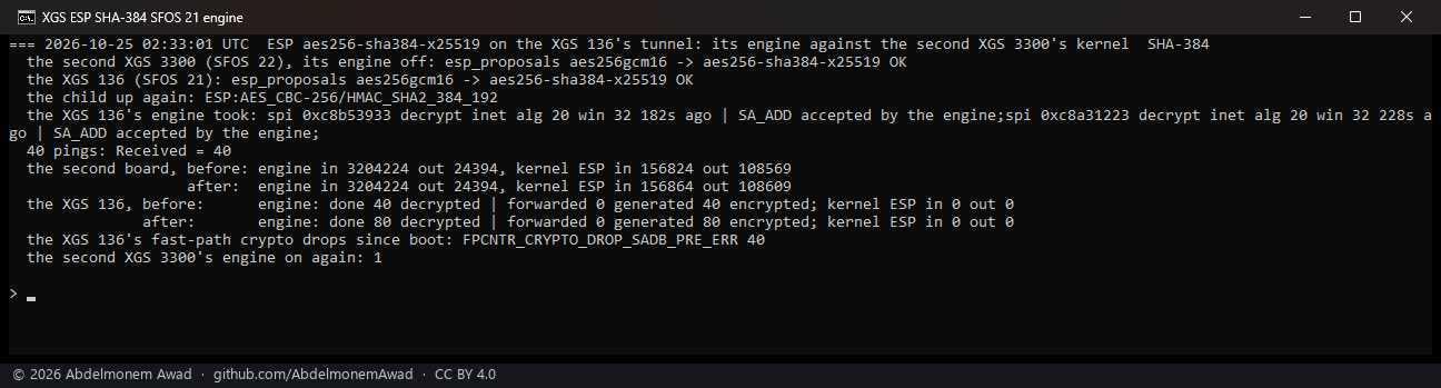 The XGS 136, SFOS 21, its engine against the second XGS 3300's kernel: 40 pings answered, the engine decrypting and encrypting all of them