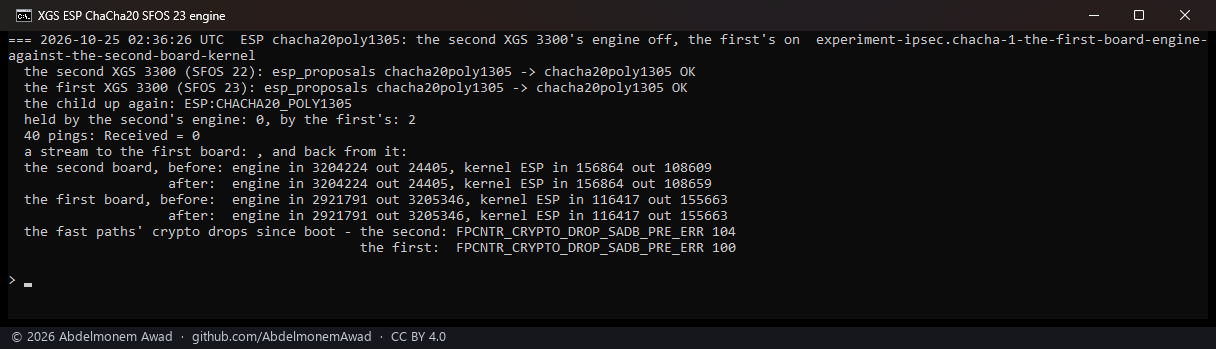 The first XGS 3300's engine: no ping answered; its CRYPTO_DROP_SADB_PRE_ERR up by 50