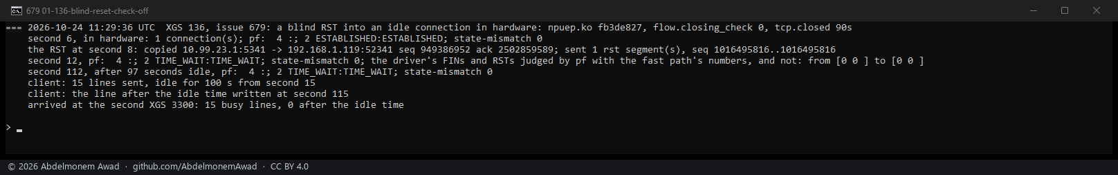 XGS 136, the check off: the blind RST taken, both states TIME_WAIT, the line after the idle time never arrives