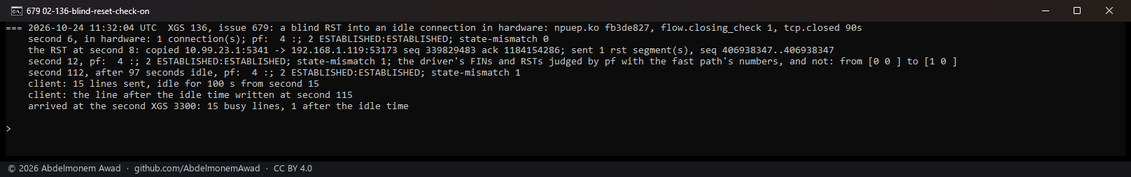XGS 136, the check on: the RST refused, state-mismatch +1, the states ESTABLISHED through the idle time, the line arrives