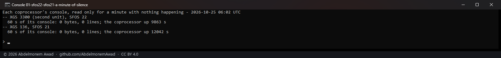 The second XGS 3300 and the XGS 136: a minute of each coprocessor's console, read only, with nothing happening - 0 bytes on both