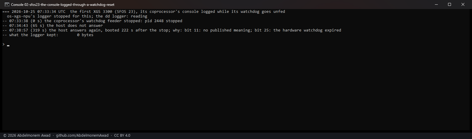 The vendor's way, dd reading the console with O_SYNC, os-xgs-npu's logger stopped for it: the coprocessor's feeder stopped, the host silent at 65 s and back after 222 s, 0 bytes kept this time