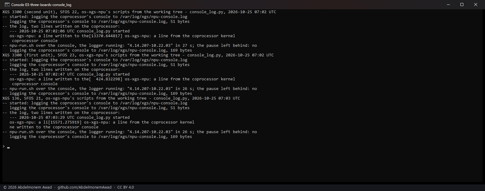 console_log.py on the three boards, SFOS 22, 23 and 21: started; a line written to the coprocessor's console and one from its kernel, both kept; npu-run.sh over the console with the logger running, answered in 26-27 s, the pause gone after; the logger reading again