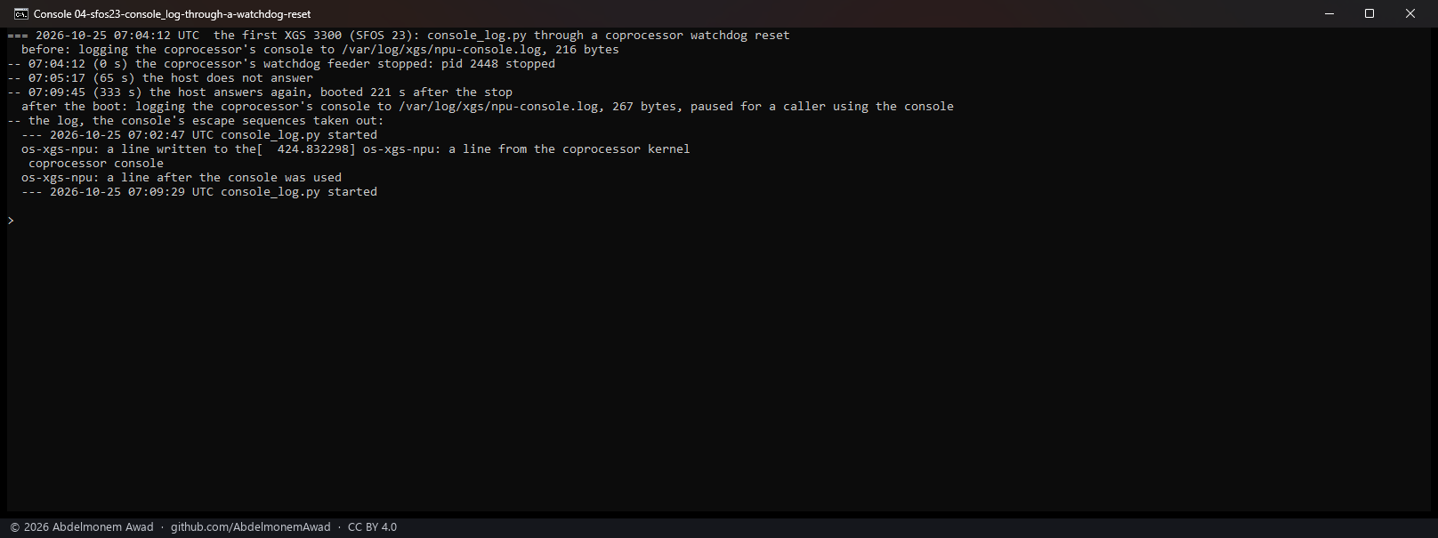 console_log.py through the same reset: nothing of the coprocessor's boot kept, its next start at the boot