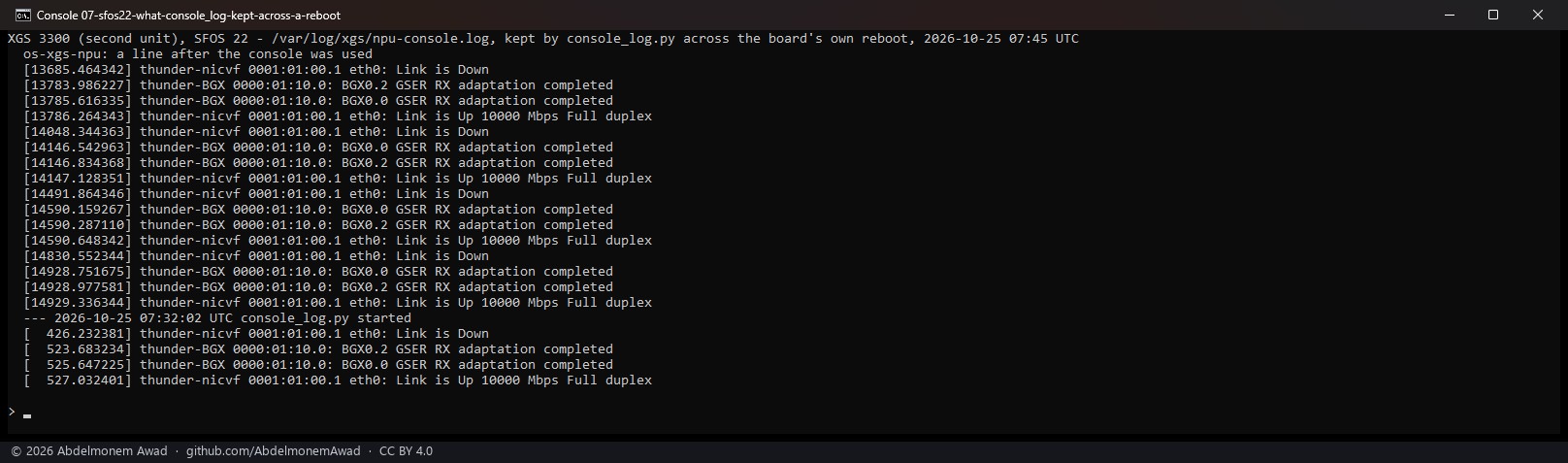 What console_log.py kept on the second XGS 3300 across its own reboot: its coprocessor's kernel reporting one of its 10 Gbit/s ports down and up, five times, each when the first XGS 3300 at the cable's other end restarted, then the logger started again at the boot