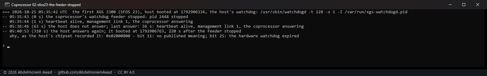 The first XGS 3300, SFOS 23: the coprocessor's feeder stopped at 05:35:43; the host answering, the heartbeat alive and the coprocessor answering until 56 s; at 63 s the host no longer answers; it booted 220 s after the stop, and its chipset recorded why: the hardware watchdog expired