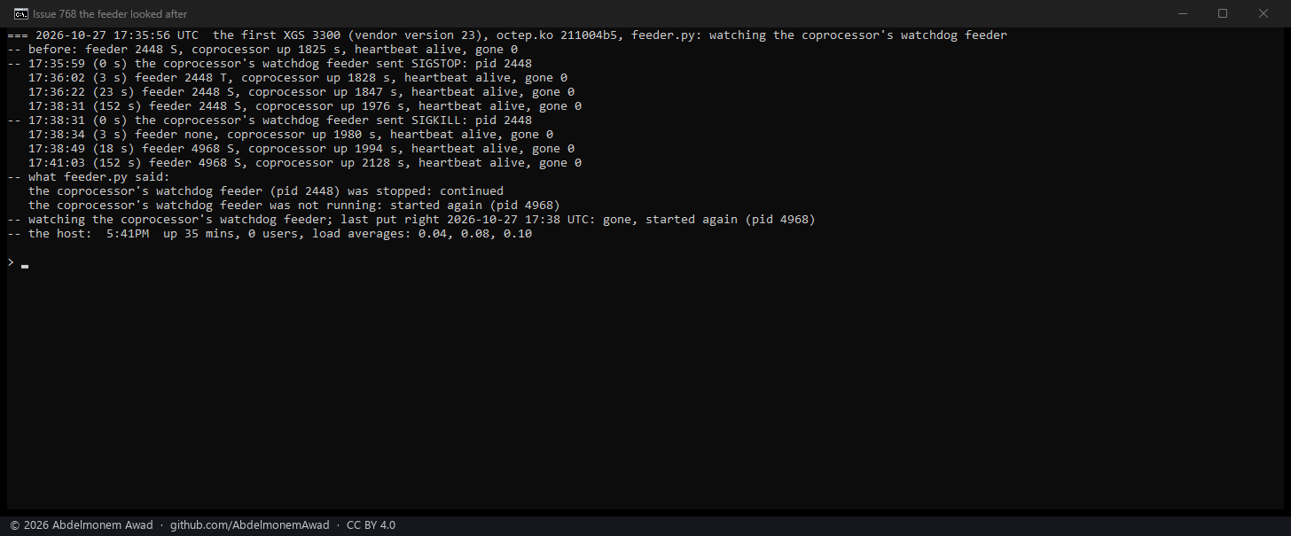 The first XGS 3300 with feeder.py: the feeder stopped at 17:35:59, in state T at 3 s and running again at 23 s; killed at 17:38:31, gone at 3 s and a new one running at 18 s; the coprocessor's uptime counting on throughout, the heartbeat alive, the host answering; what feeder.py said in the system log