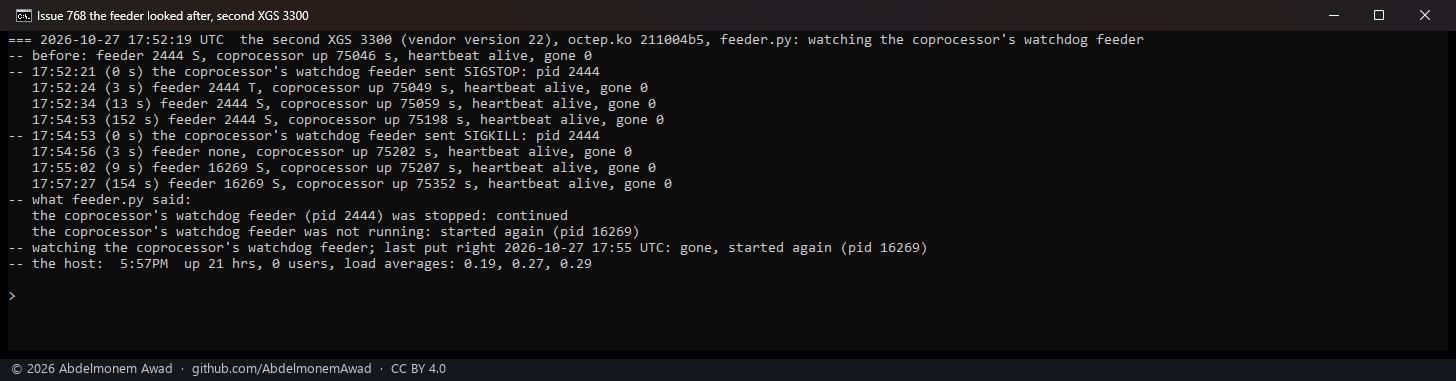 The second XGS 3300 with feeder.py: the feeder stopped at 17:52:21, running again at 13 s; killed at 17:54:53, a new one running at 9 s; the coprocessor's uptime counting on, the heartbeat alive