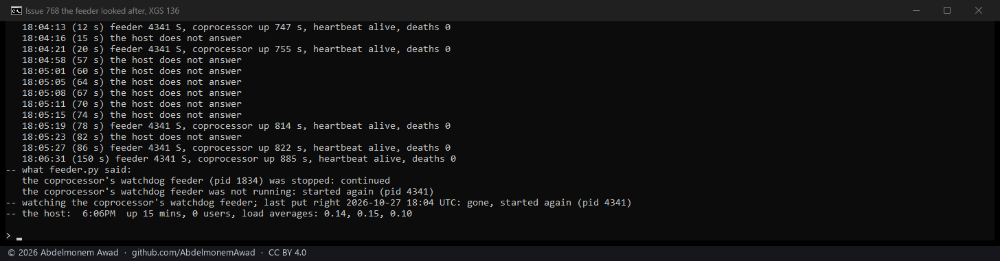 The XGS 136 with feeder.py, the end of the run: a new feeder running 12 s after the kill; the PC's looks unanswered at times from 15 s to 82 s; the coprocessor's uptime counting on to 885 s and its heartbeat never dying; what feeder.py said for the stop and for the kill