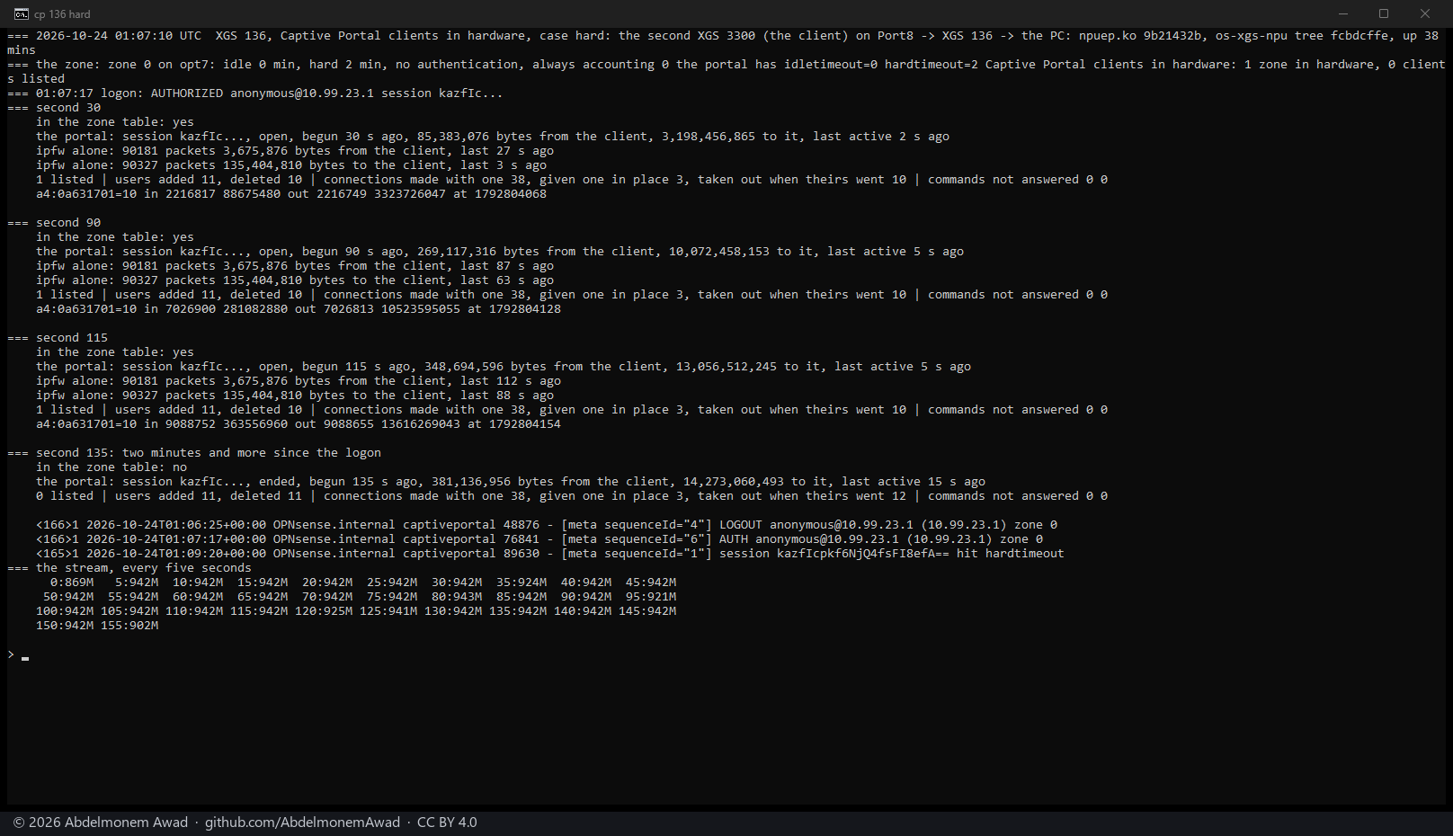 XGS 136: a two-minute hard timeout, the session ended 123 s after the login; the portal's count of 13 GB is the coprocessor's