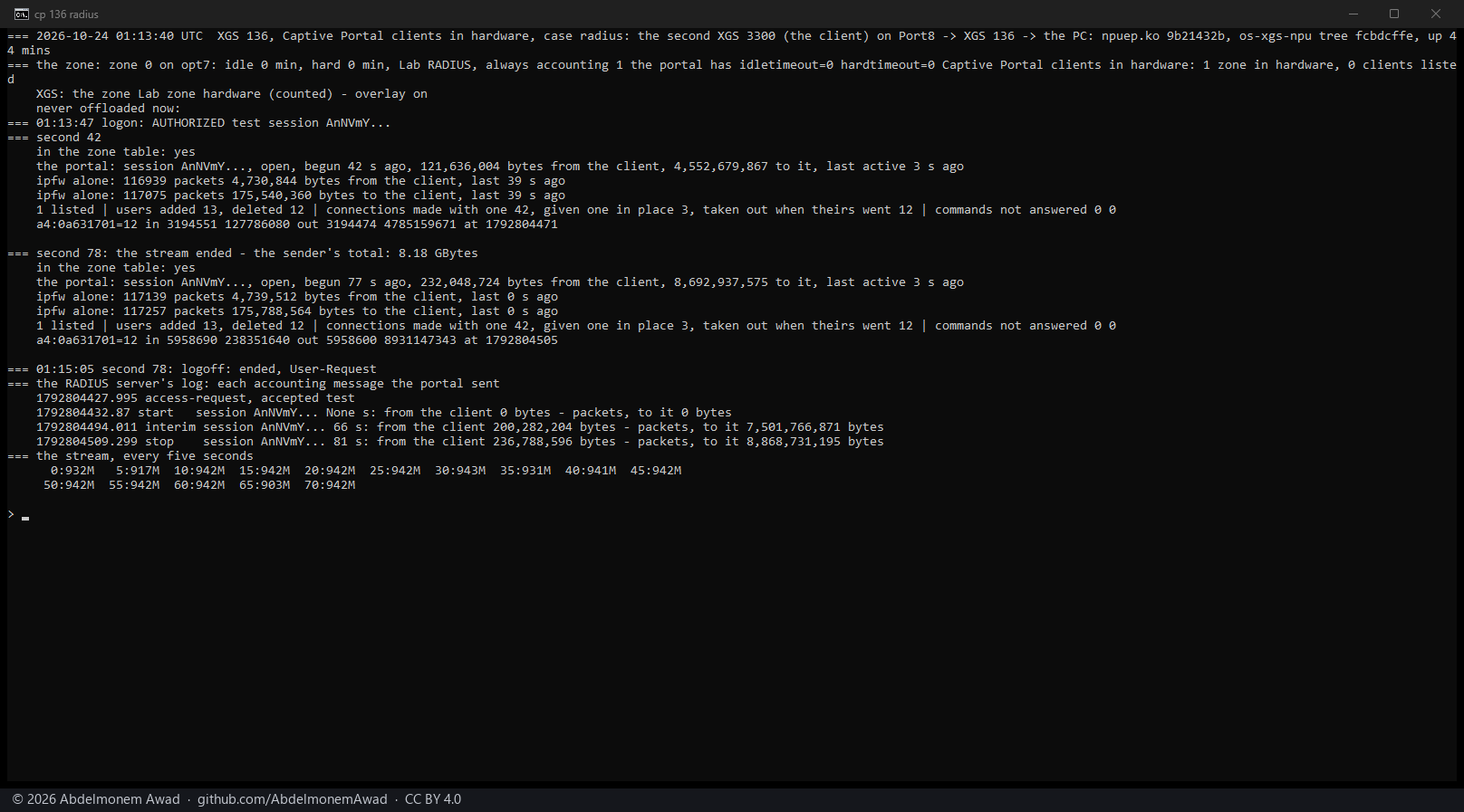 XGS 136: RADIUS accounting; the interim and stop messages carry 7.5 and 8.9 GB to the client, the driver's count 8.9 GB