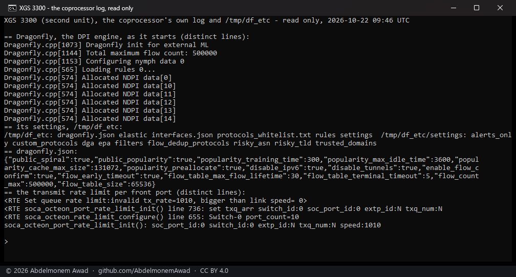 The XGS 3300's coprocessor log: Dragonfly starting with nDPI and its rules, its settings directory, its flow settings, and the transmit rate limit set for each front port
