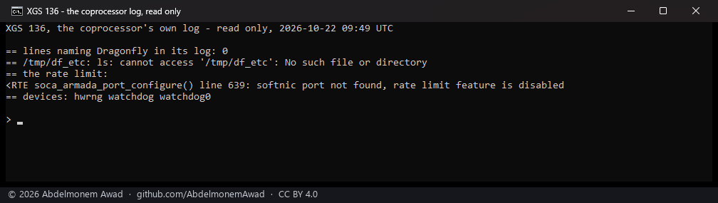 The XGS 136's coprocessor log: no Dragonfly and no /tmp/df_etc, the rate limit disabled, a random number generator and a watchdog