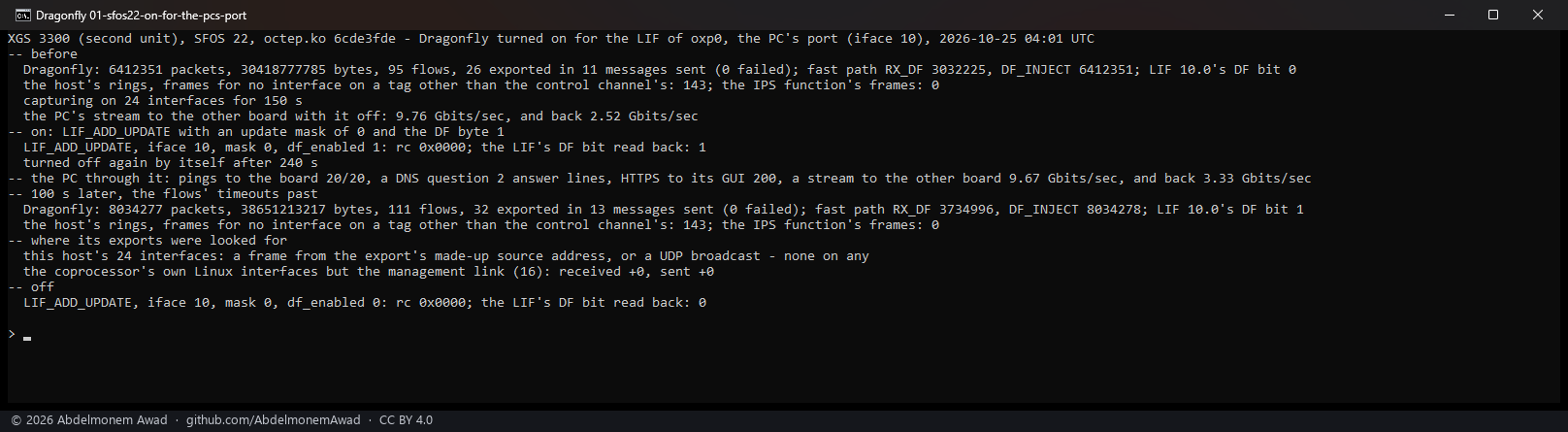 The second XGS 3300, SFOS 22: Dragonfly turned on for oxp0, the PC's port - pings, DNS and HTTPS to the board answered, a stream through it at 9.67 Gbit/s; 1,621,926 more packets inspected, 6 flows exported in 2 messages, none failed; nothing on any of the host's 24 interfaces, its rings or the coprocessor's own interfaces