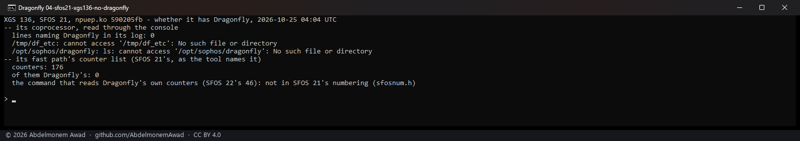 The XGS 136, SFOS 21: no line naming Dragonfly in its coprocessor's log, no /tmp/df_etc, no /opt/sophos/dragonfly; 176 fast-path counters, none of them Dragonfly's; no command to read its counters in SFOS 21's numbering