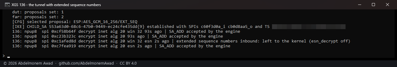 The child made again with extended sequence numbers: the 3300 selects AES_GCM_16_256/EXT_SEQ; the 136's outbound association on the engine, its inbound one left to the kernel