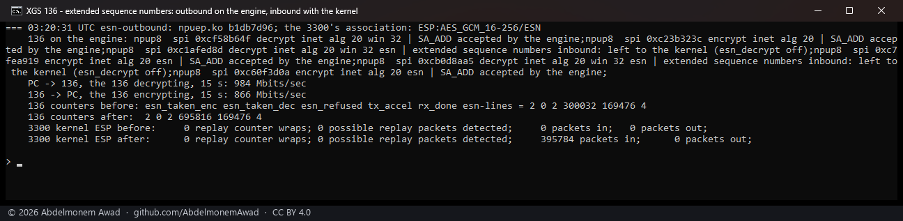 ESN outbound only: 866 Mbit/s from the 136, the 3300's kernel taking every frame the 136 encrypted
