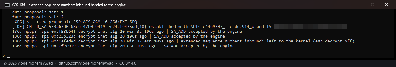 The child made again with esn_decrypt on: the inbound association accepted by the engine