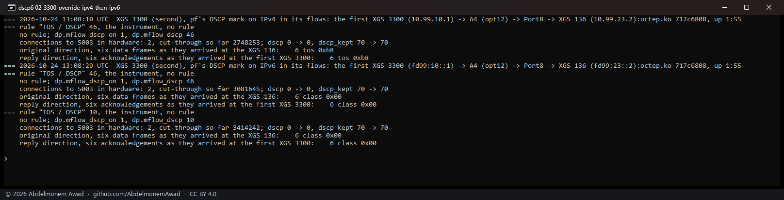 The override by hand on one path and one build: IPv4 0xb8 both ways, IPv6 0x00 both ways at 46 and at 10