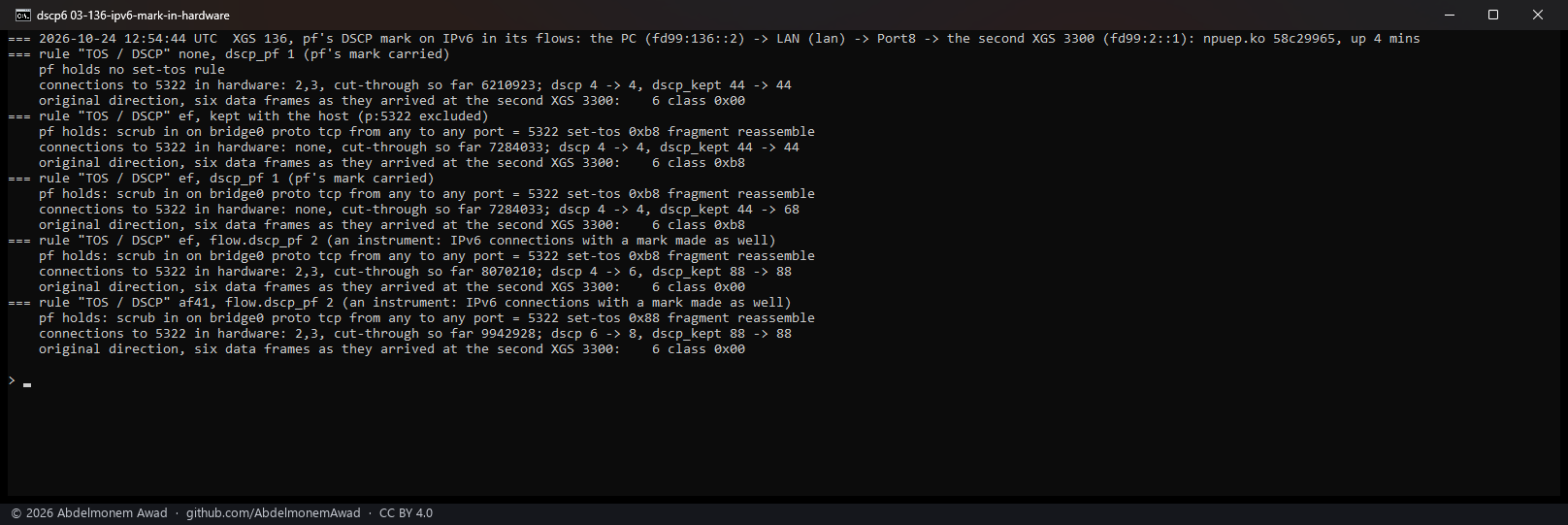 IPv6 through the XGS 136: no rule, no mark; EF on the host path; EF kept with the host as the driver has it; EF and AF41 made in hardware with the mark, and lost