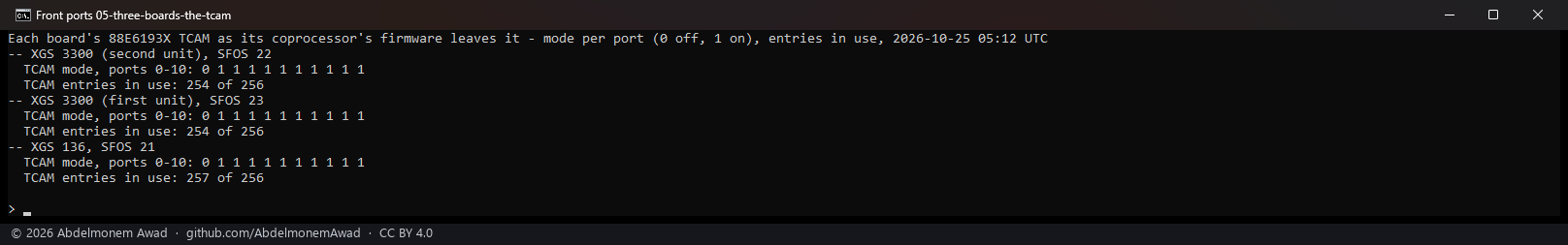 Each board's TCAM as its firmware leaves it: on for ports 1 to 10 and off for port 0 on all three; 254 of 256 entries in use on both XGS 3300s, SFOS 22 and 23, and on the XGS 136 a walk of the entries that did not end