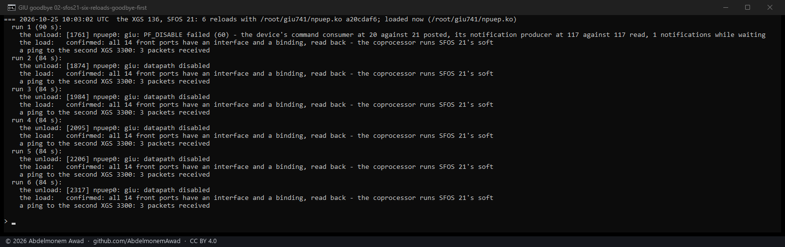 Six reloads of the XGS 136 with npuep.ko a20cdaf6 in /root/giu741: the first unloads the previous build and its PF_DISABLE fails, the command never taken; the other five say "giu: datapath disabled"; each new load has all fourteen ports confirmed and a ping to the second XGS 3300 answered