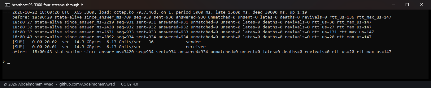 XGS 3300, four streams down through it at 6.13 Gbit/s: every beat answered, 20 to 131 microseconds
