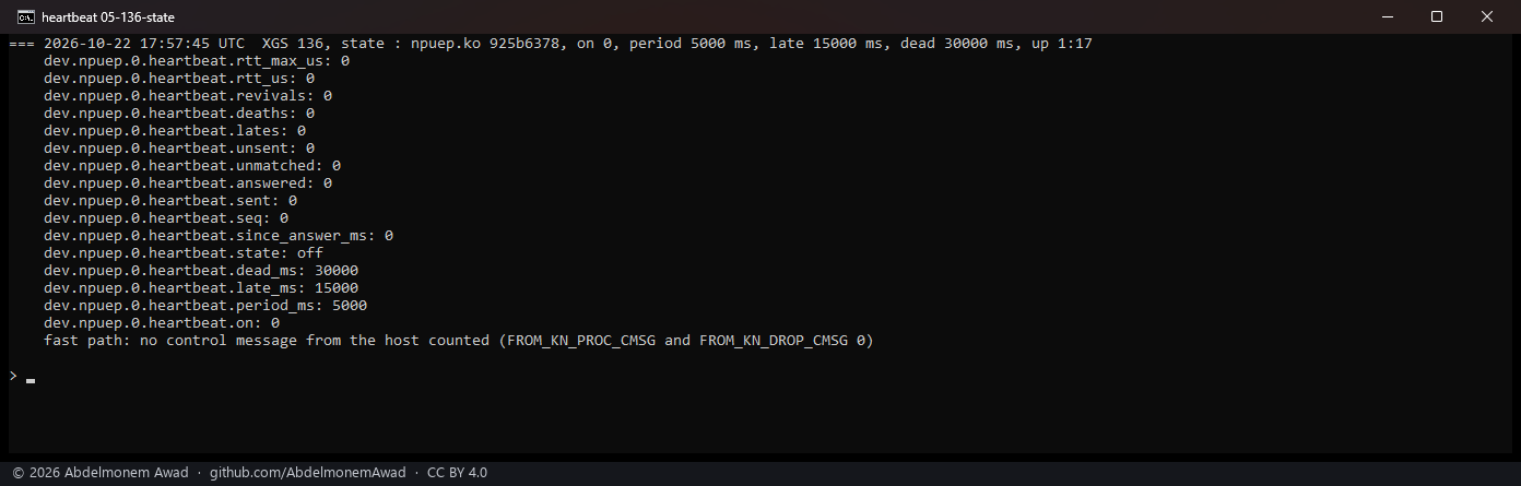 XGS 136, npuep.ko 925b6378, as installed: the heartbeat off, nothing sent, the fast path counting no control message from the host