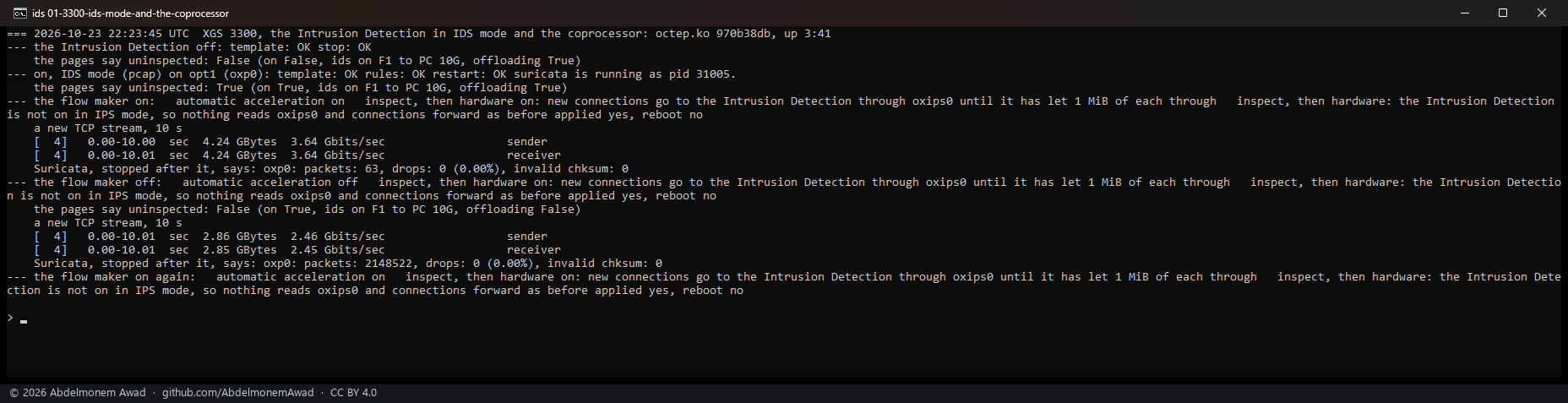 XGS 3300: the Intrusion Detection in IDS mode on F1; with the flow maker on, a 10 s stream of 4.24 GB in hardware and 63 packets captured by Suricata; with it off, 2,148,522