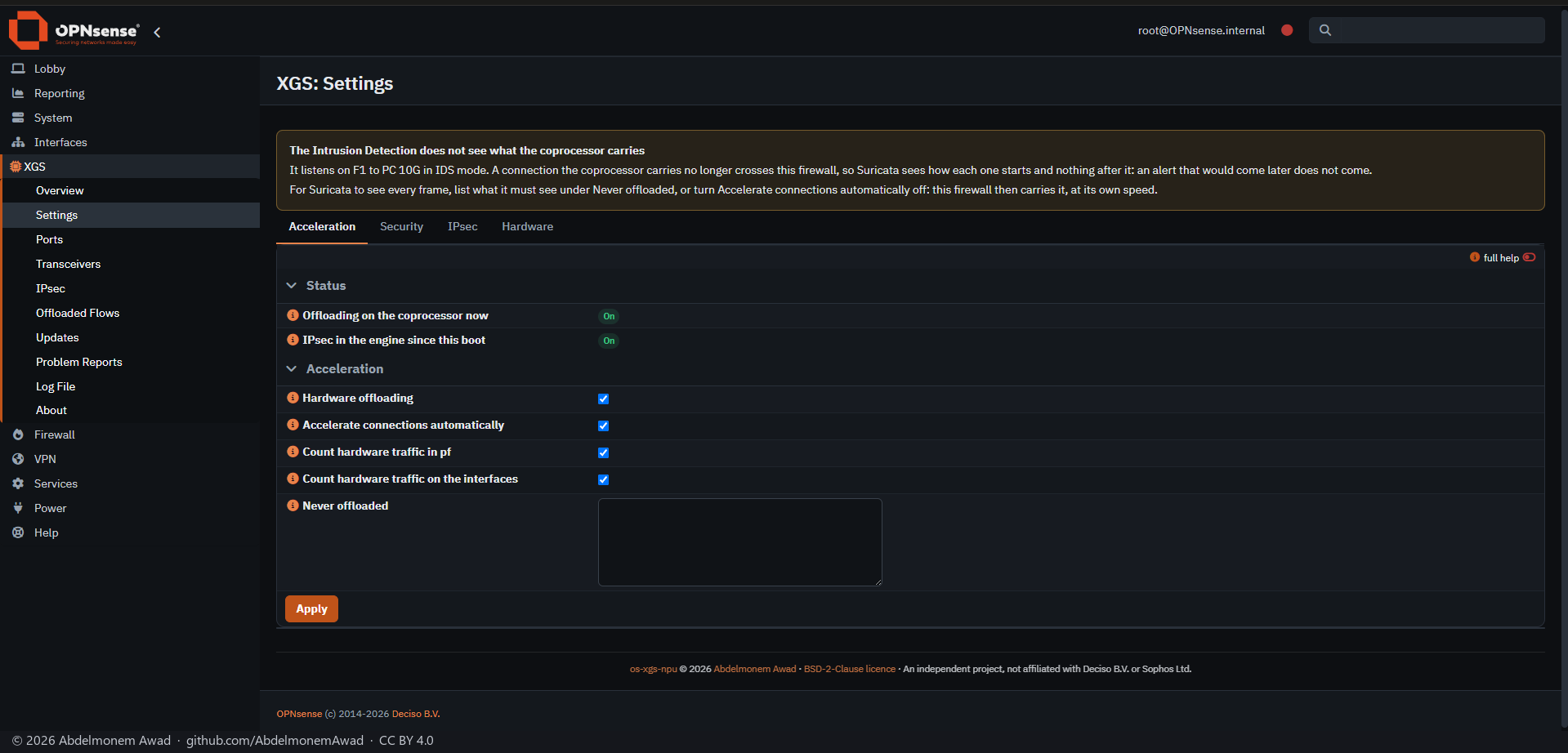 XGS 3300, XGS: Settings: the same warning above the tabs, over the settings it names