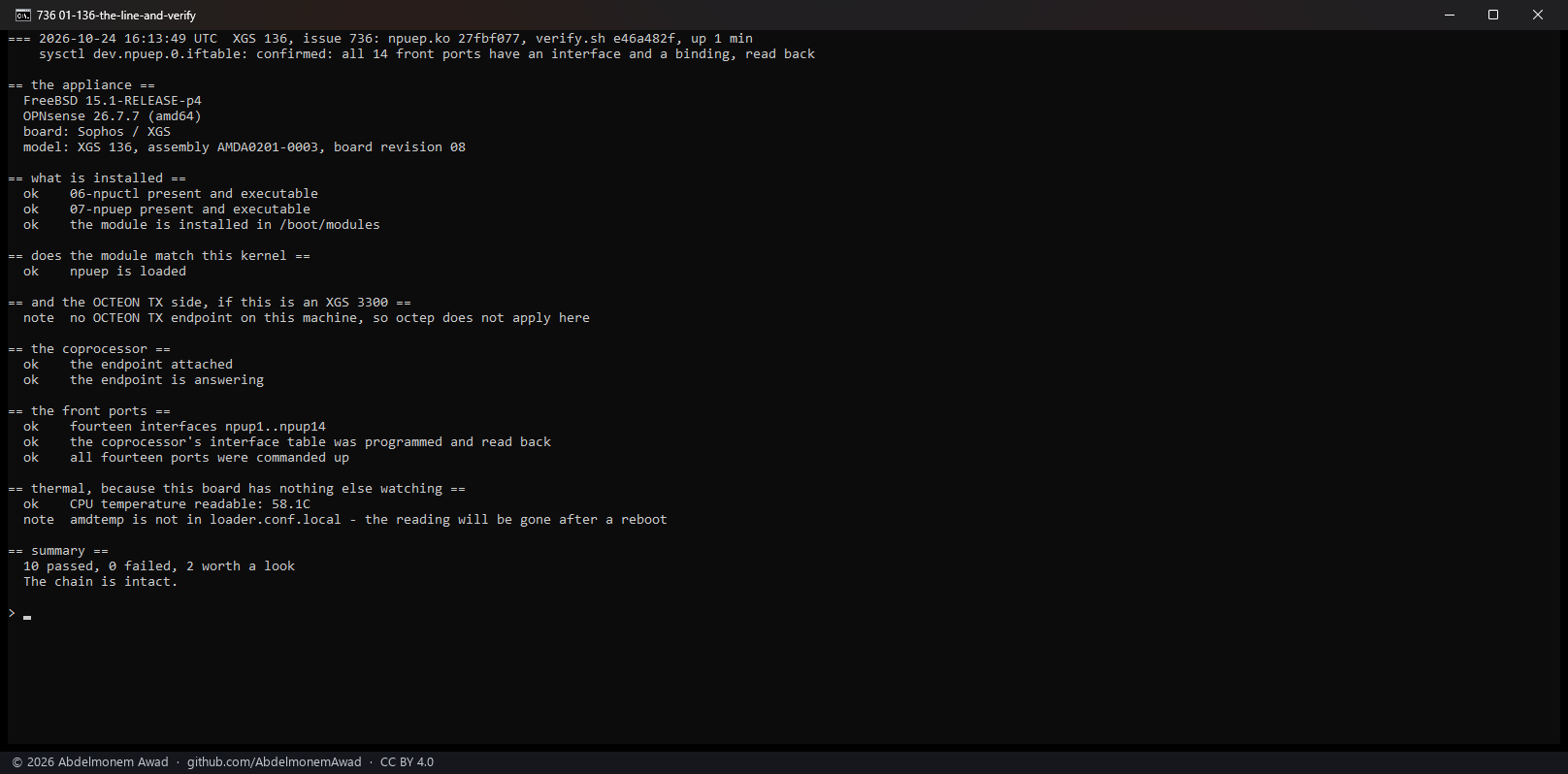 The XGS 136: dev.npuep.0.iftable reading confirmed, and verify.sh passing with the model, assembly AMDA0201-0003 and board revision 08 at the top