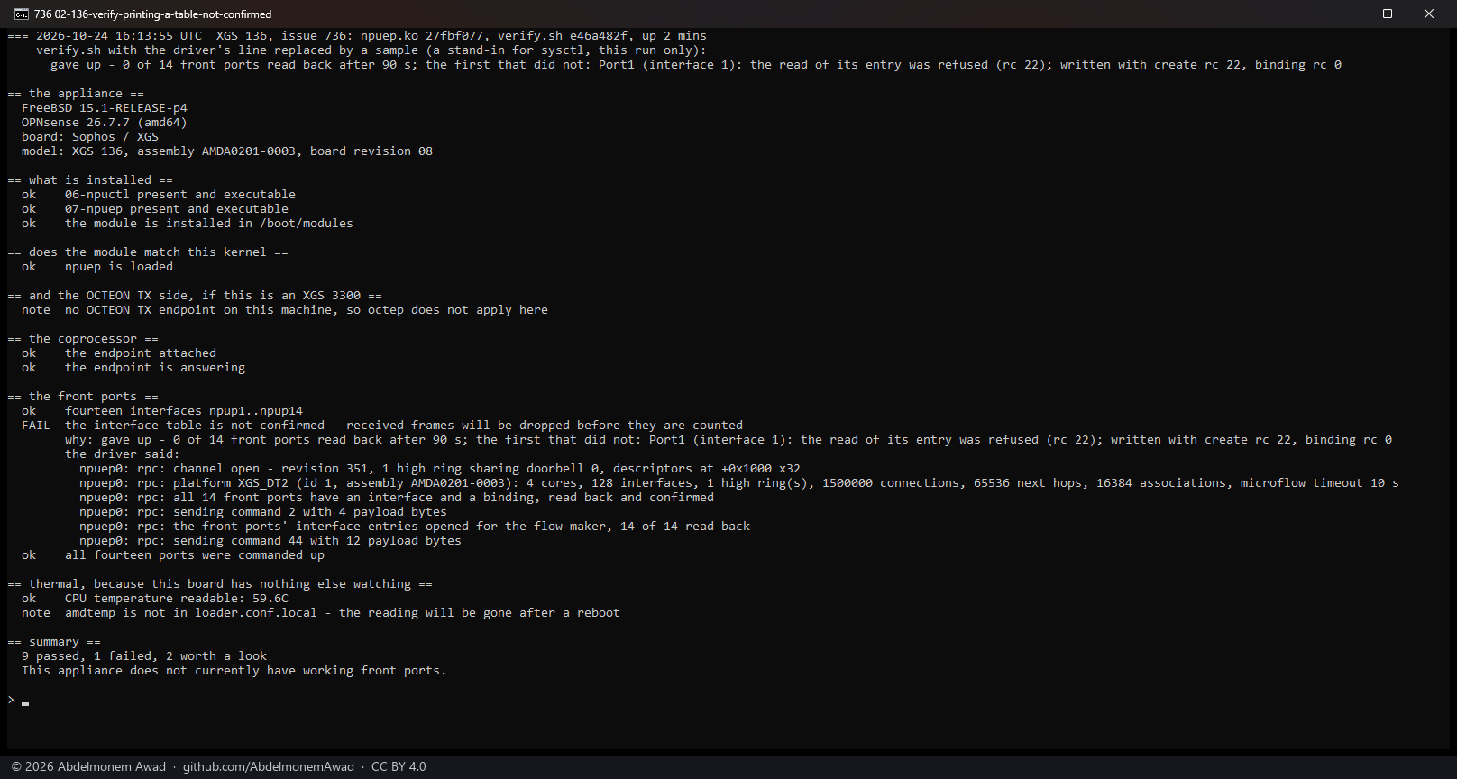 verify.sh with the sample line: FAIL, the reason under it, the driver's messages from the boot under that