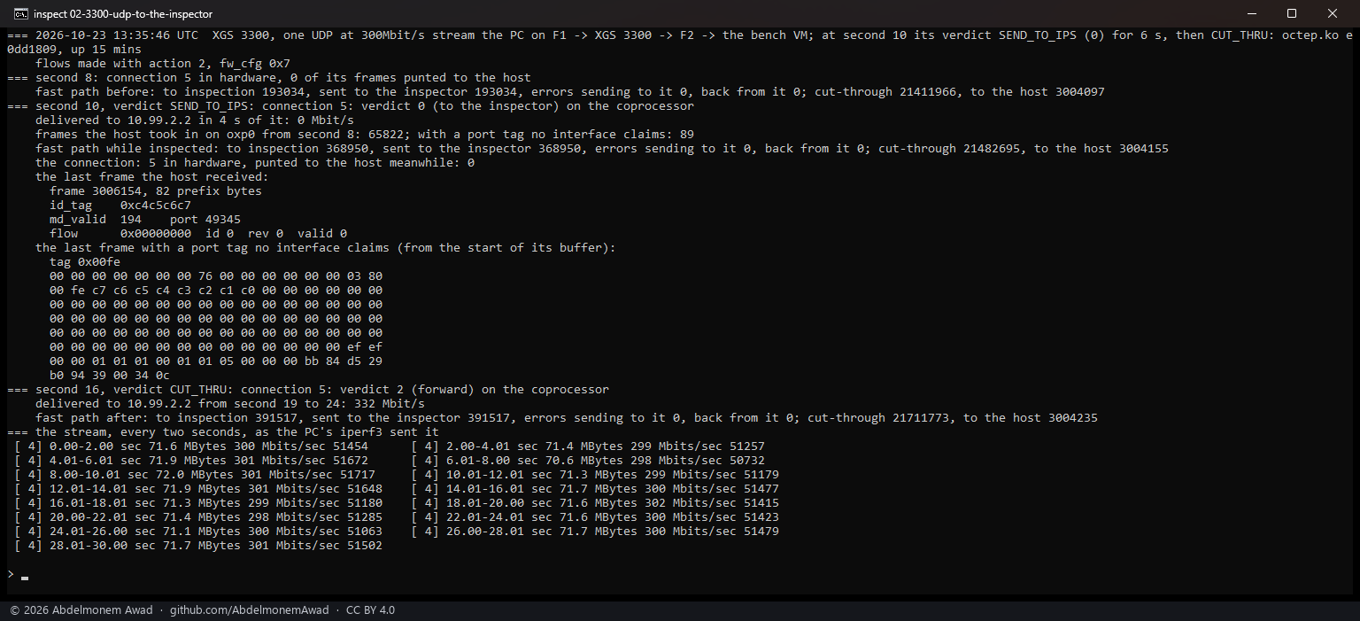 XGS 3300, UDP at 300 Mbit/s: 167,677 frames sent to the inspector in six seconds, no error, none back, the last frame with an unclaimed tag a control message
