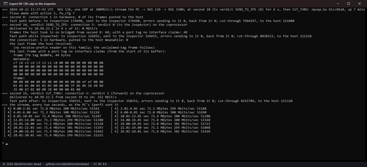 XGS 136, UDP at 300 Mbit/s: 151,867 frames sent to the inspector, no error, none back