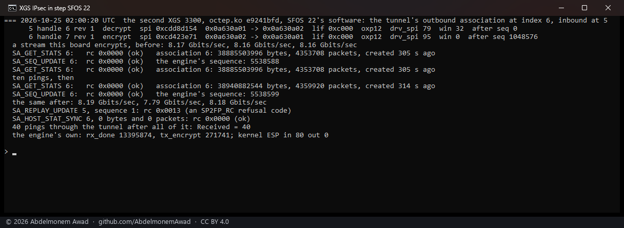 The second XGS 3300, SFOS 22: counts of 4,353,708 packets while the engine's sequence was 5,538,588, then 5,538,599 after ten pings; streams out at 8.16 to 8.17 Gbit/s before and 7.79 to 8.19 after; SA_REPLAY_UPDATE 0x13; 40 pings after, decrypted by the kernel